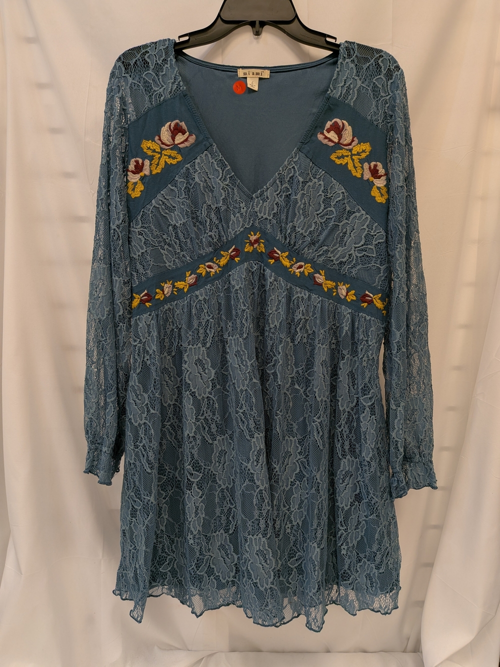 mi ami Blue Lace Long Sleeve Embroidered V-Neck Dress